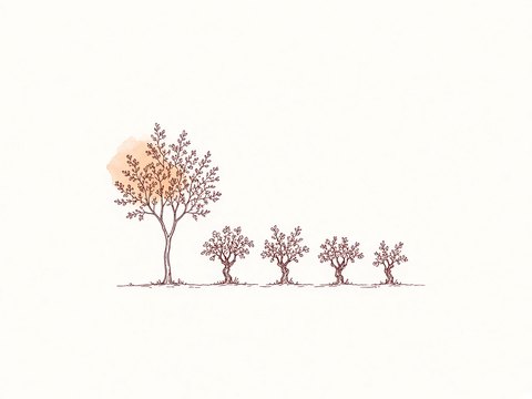 Ink sketch of a tree among a row of vines