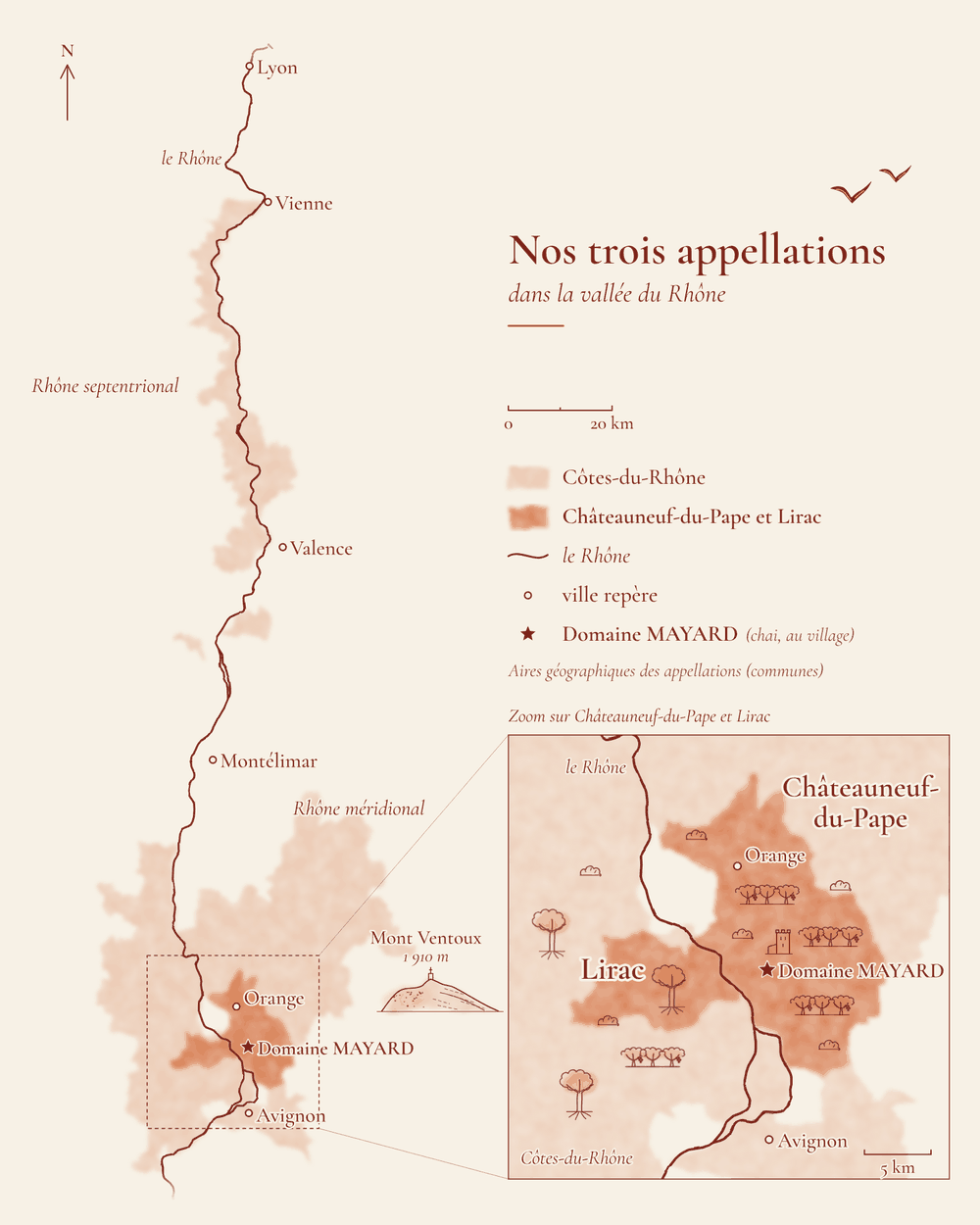 Map of the Rhône Valley, from Lyon to Avignon. The Rhône is drawn in red; the Côtes-du-Rhône area spreads in a pale orange wash from Vienne to south of Avignon, and Mont Ventoux (1,910 m), topped by its tower, is drawn to the east. An inset shows, in deeper orange, the Châteauneuf-du-Pape area on the left bank, between Orange and Avignon, and the Lirac area on the right bank, in the Gard. A star and a château tower mark our cellar in the village of Châteauneuf-du-Pape.