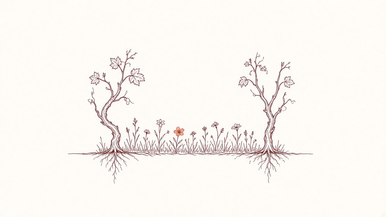 Ink sketch of a flowering cover crop between two vines, with roots visible below ground