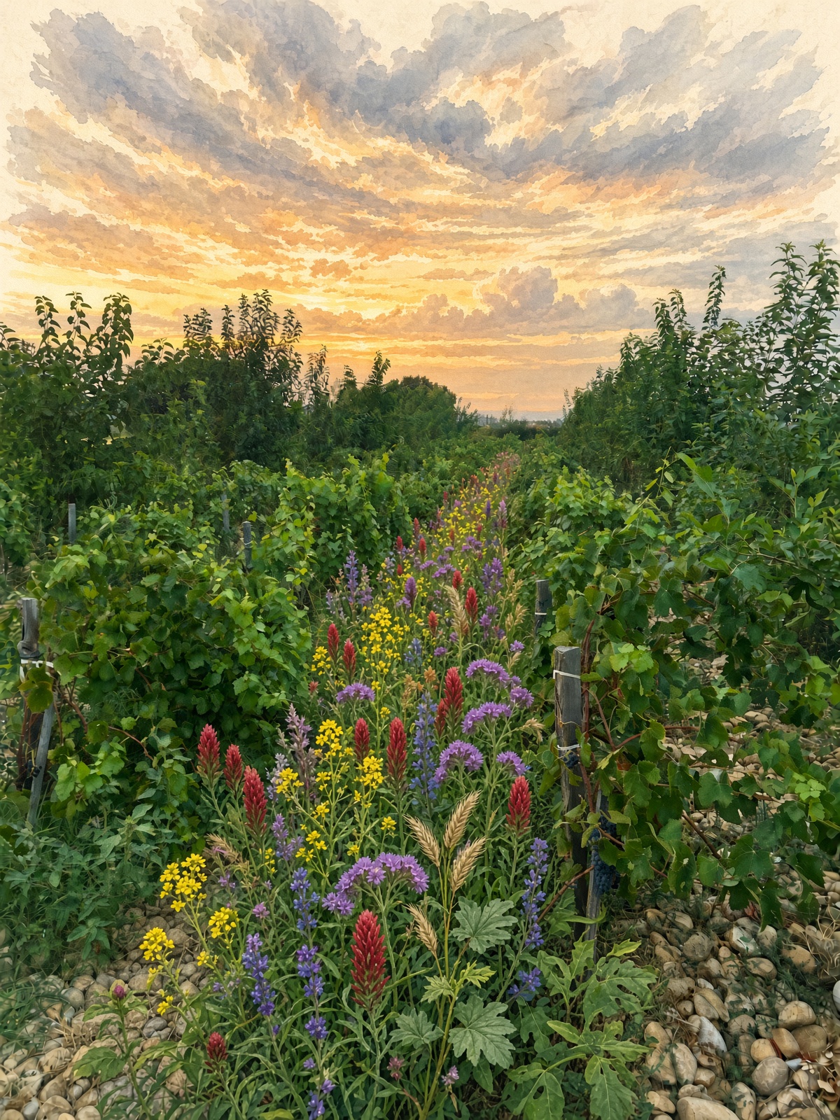 Watercolour sketch: an agroforestry vineyard with a cover crop in the alley