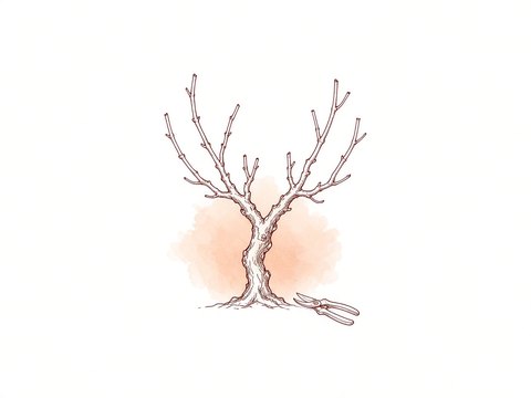 Ink sketch of a vine pruned in winter, with secateurs
